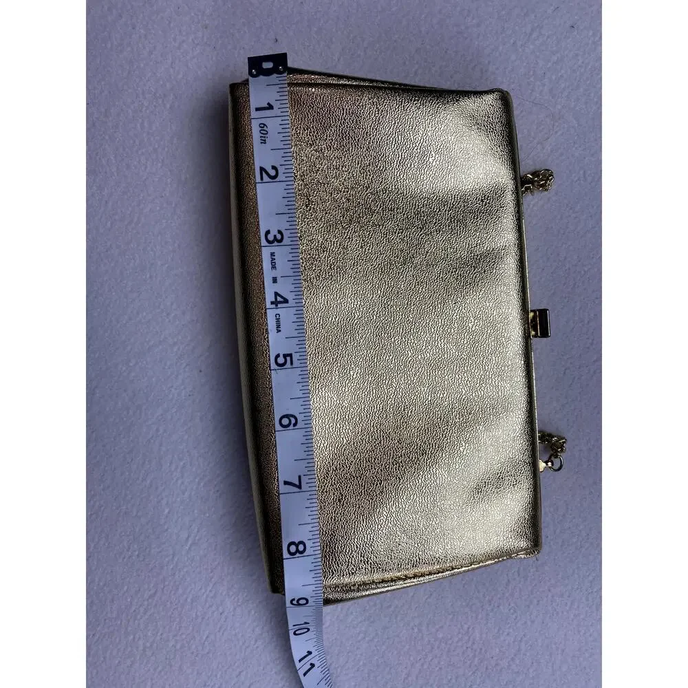 Vintage Gold Metallic Faux Leather Clutch Evening Bag Chain Strap Frame Purse